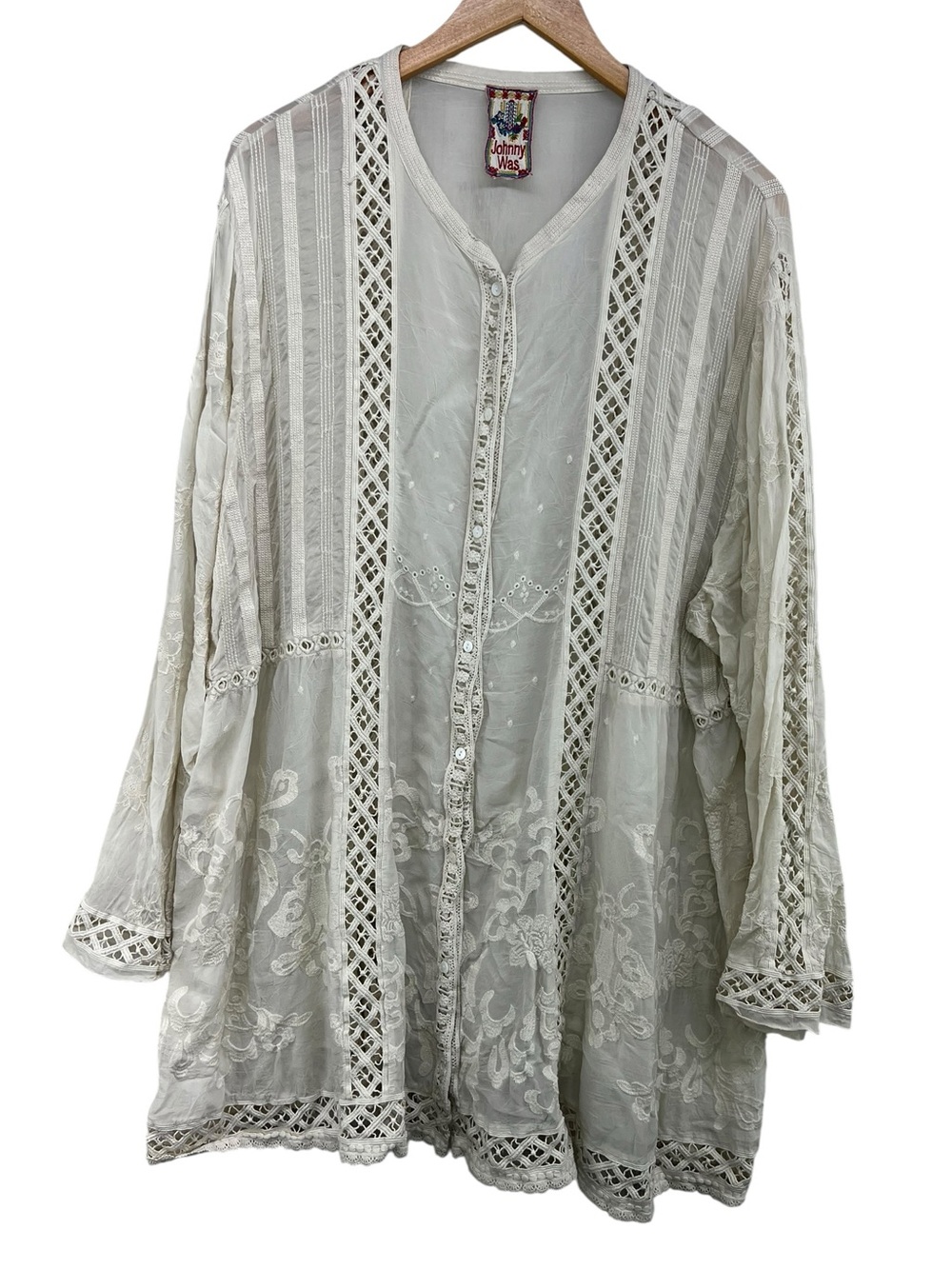 Johnny Was Cream Button Down Tunic Sheer Vertical Panels Embroidery Open Crochet